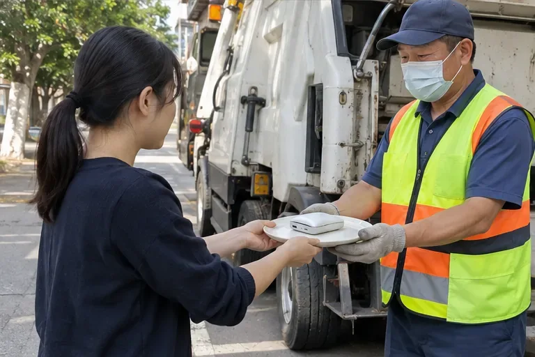 民眾將置於淺盤上的膨脹行動電源單獨交給穿反光背心的清潔回收人員