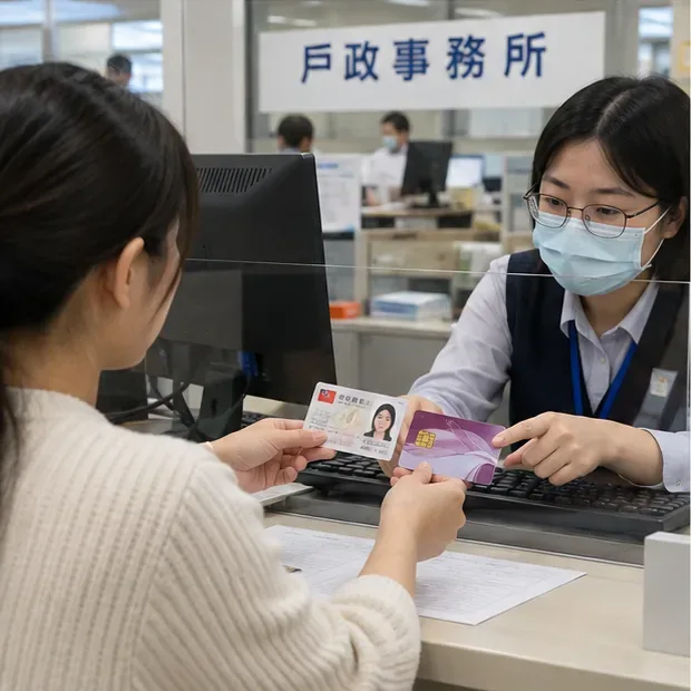 民眾在戶政事務所櫃檯出示國民身分證與自然人憑證卡辦理相關作業