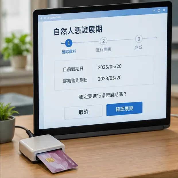 電腦畫面顯示自然人憑證由原到期日延長三年的展期流程示意，前方有讀卡機與憑證卡