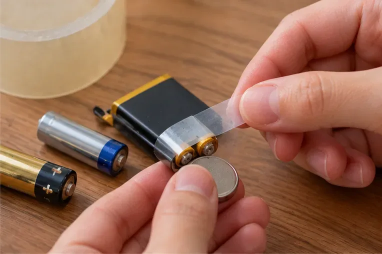 手部使用透明絕緣膠帶覆蓋電池外露電極，桌面另有圓柱型與鈕扣型電池。