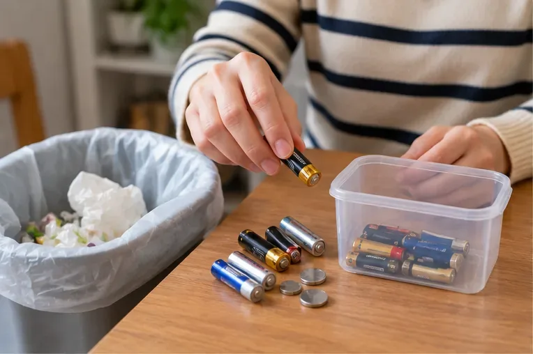 家中桌面上將用過的乾電池從垃圾桶旁分開，集中放入透明容器。