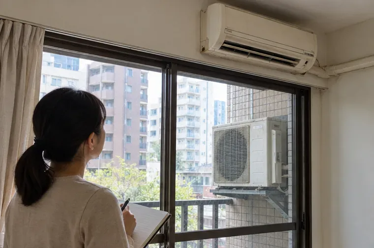住戶在室內記錄牆上舊冷氣與窗外室外機的位置