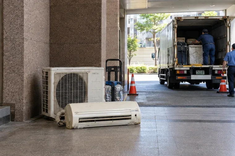 大樓約定交接位置放著完整的冷氣室內外機，後方有收運車輛