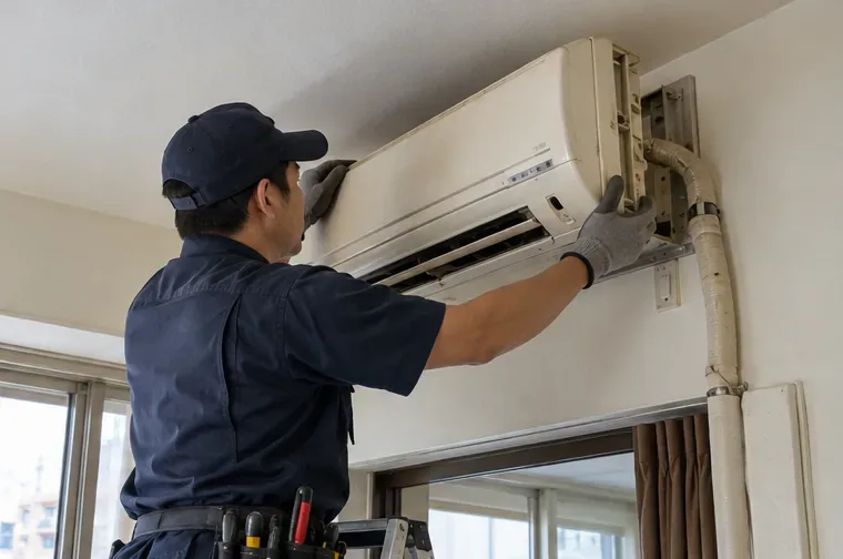 穿工作服與手套的人員在室內處理牆上冷氣室內機