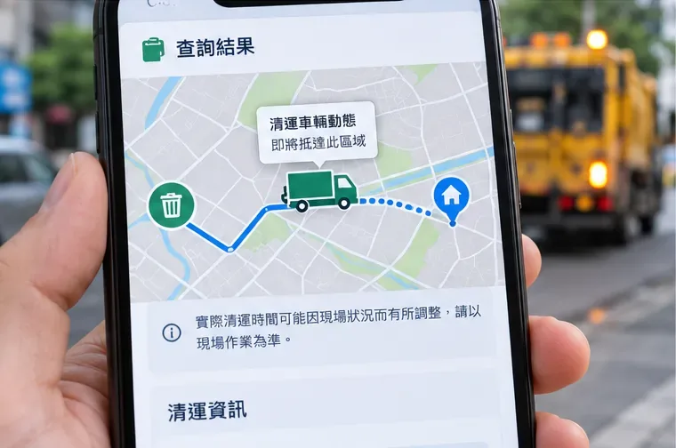 手機地圖示意垃圾車動態位置與路線進度，背景可見正在道路上行駛的清潔車