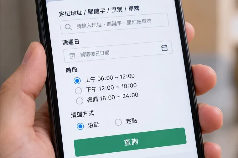 手機查詢畫面示意輸入地址並選擇清運日、時段及沿街或定點收運條件