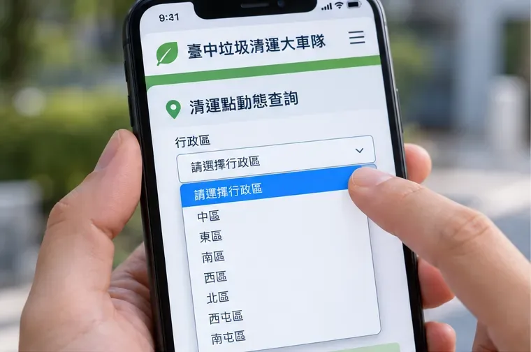 手機畫面示意臺中垃圾清運大車隊的清運點動態查詢，正在選擇行政區