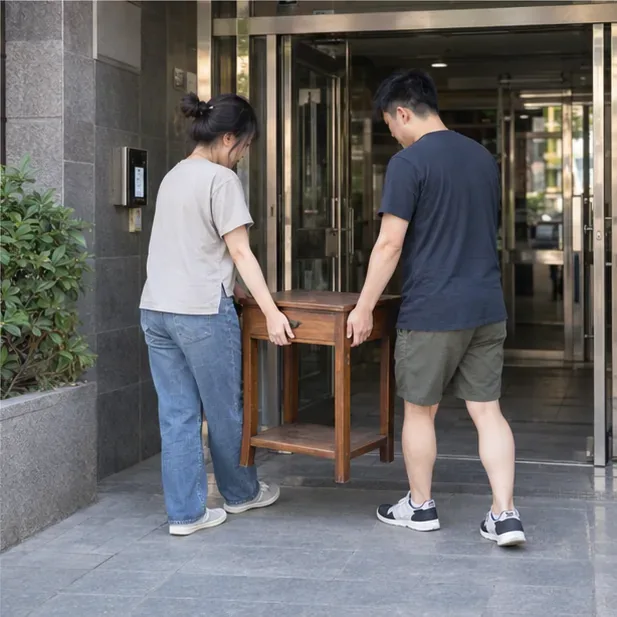 兩位住戶將一張木製小桌搬到公寓入口附近，過程中保持通道暢通。