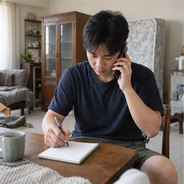 住戶拿手機聯絡清潔隊，同時在筆記本上記錄物品與聯絡重點。