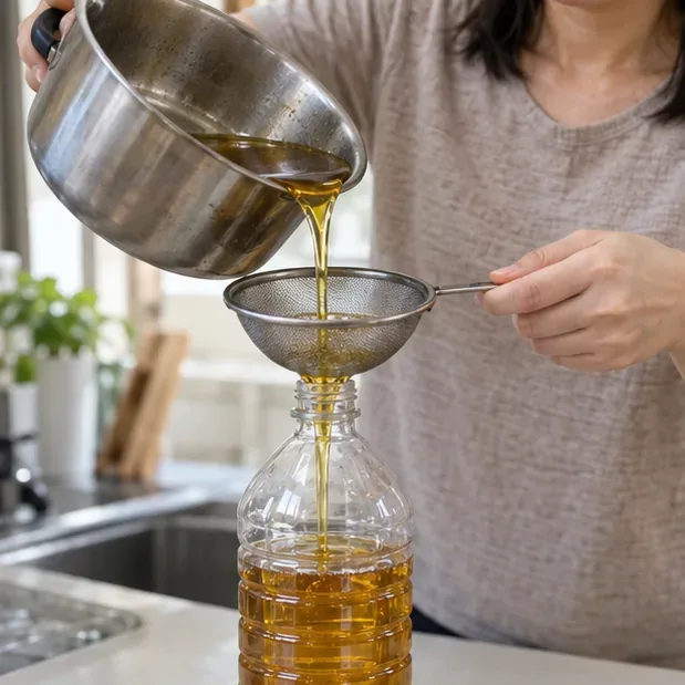 一名居家使用者把冷卻後的廢食用油通過金屬濾網倒入乾淨塑膠瓶