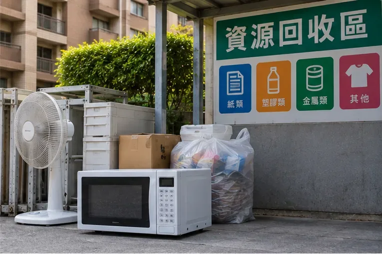 一台舊微波爐放在社區資源回收區旁，周圍有分類標示與其他待回收物