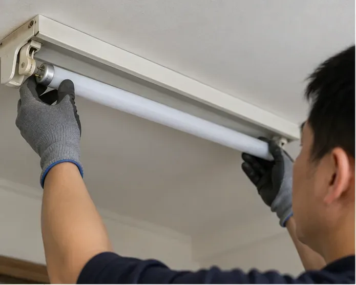 關閉電源後，以雙手穩定握住日光燈管兩端拆卸，避免直接扭轉或擠壓玻璃管身。