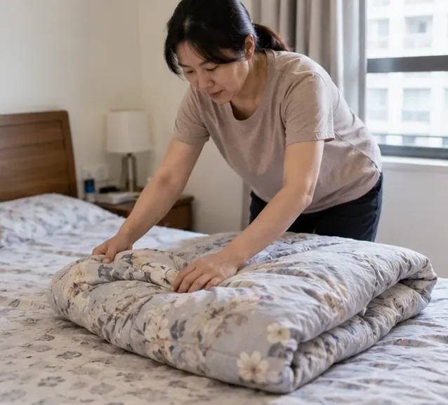 住家臥室內，一名住戶把厚棉被摺疊壓小，準備判斷後續排出方式