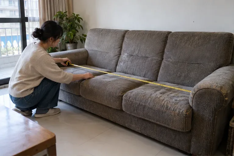 一名住戶在客廳用捲尺量測布沙發座位，準備記錄舊沙發的尺寸與狀況。