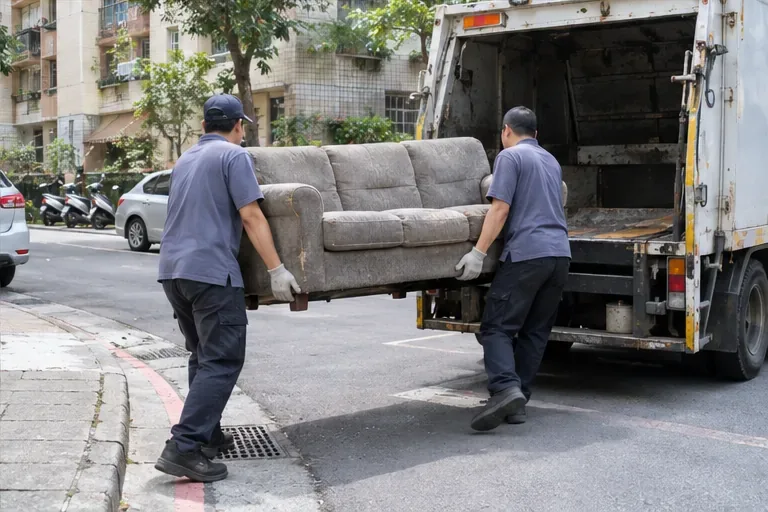 兩名清運人員在住宅大樓外將三人座布沙發搬向清運車。