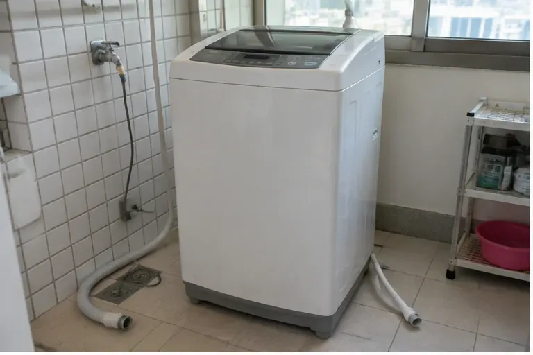 洗衣機已拔除插頭並將進水與排水管卸下，準備交付回收