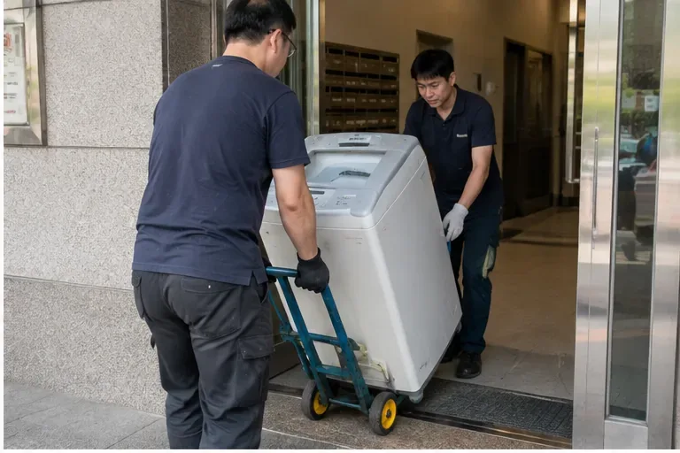 兩名搬運人員使用手推車將洗衣機從住宅入口移出