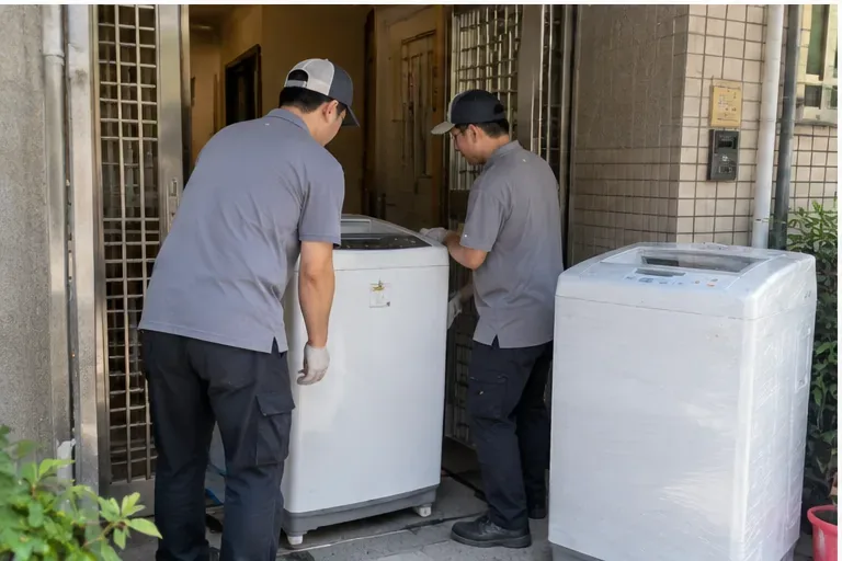 工作人員在住宅門口準備搬運兩台大型洗衣機