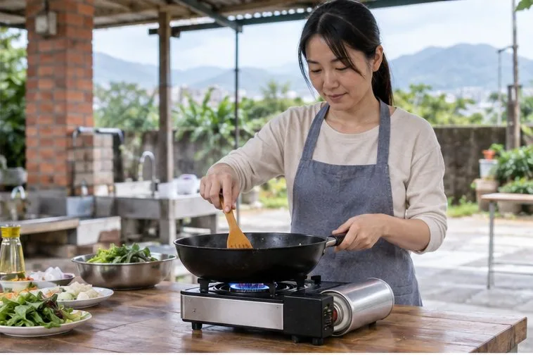 人在通風的戶外料理空間使用正確安裝的小型卡式瓦斯罐與卡式爐