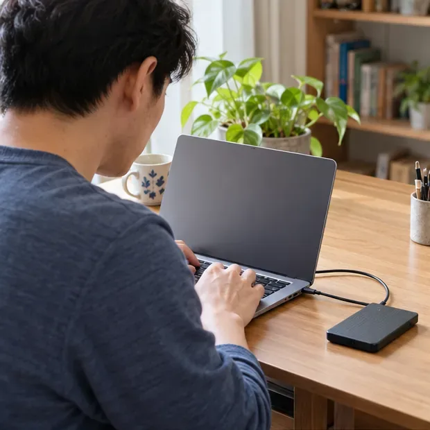 臺灣住家中，一名使用者將筆電資料備份到外接硬碟，準備淘汰設備前先保存需要的檔案。