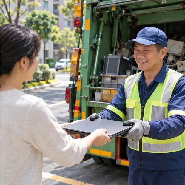 臺灣市民把筆電交給資源回收車旁的清潔隊員，進行分類回收。