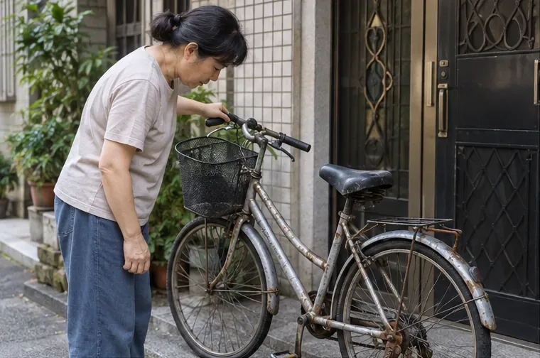 住家門口一名居民檢查一台老舊且生鏽的非電動腳踏車，準備判斷後續處理方式