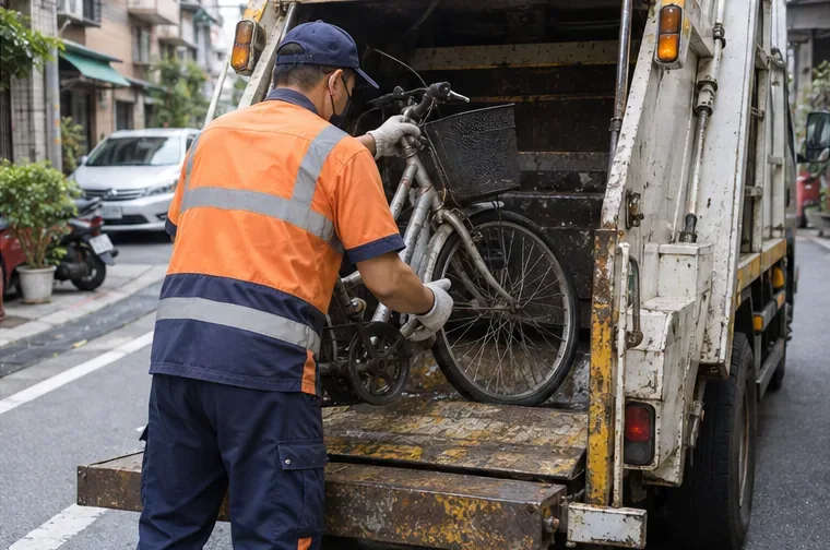 穿著反光工作服的清運人員在住宅街道旁把老舊腳踏車搬上清運車
