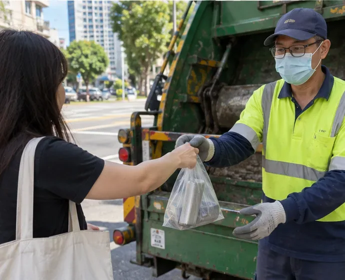 民眾把單獨裝袋的膨脹行動電源交給站在資源回收車旁的清運人員