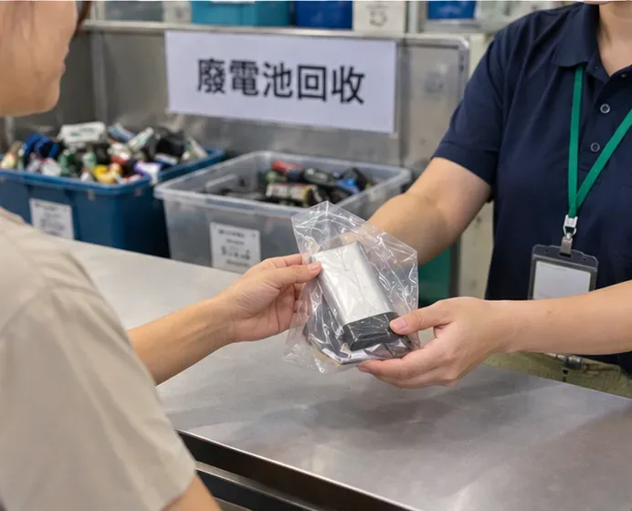 回收服務櫃台前，民眾將單獨包裝的膨脹行動電源交給工作人員，後方可見廢電池回收區