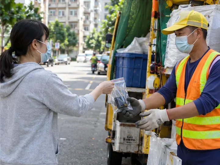 民眾在住宅街道旁把單獨裝袋的廢鋰電池交給穿反光背心與手套的回收車工作人員