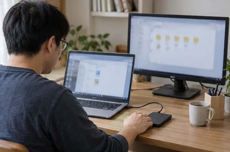 人在書桌前使用外接硬碟備份筆記型電腦與桌上型電腦中的檔案