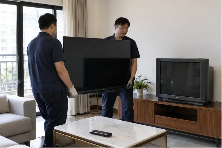 兩名家電配送人員在客廳搬運平面電視，旁邊仍放著一台準備淘汰的舊電視