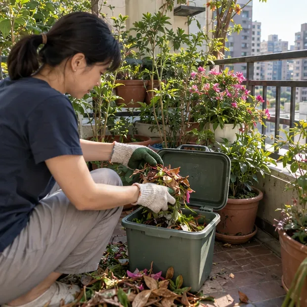 住戶將庭院落葉與花材放入專用容器整理