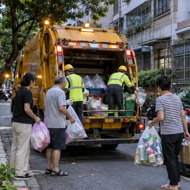 住戶在臺北住宅街道將垃圾袋與分類回收物交給清運人員
