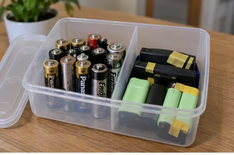 透明分格盒內分開放置一般乾電池與已做端子絕緣的充電式電池