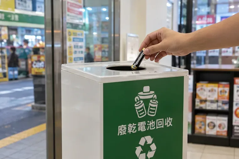 便利商店室內的廢乾電池回收桶，手持一顆電池準備投入
