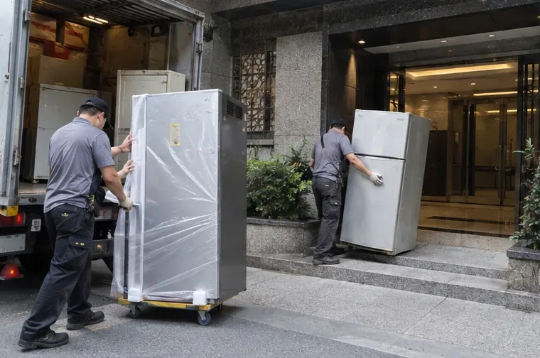 搬運人員在住宅入口使用推車移動兩台冰箱，其中一台已做好搬運保護