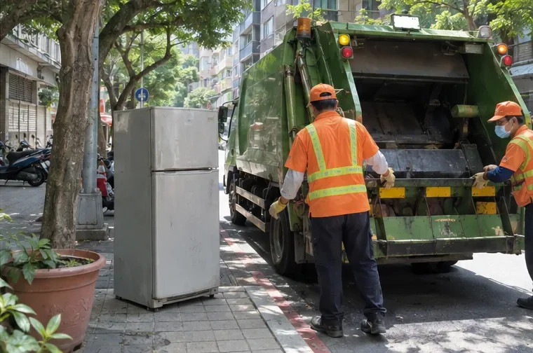 臺北都市街道旁有一台舊冰箱，清運人員在大型清運車後方準備作業