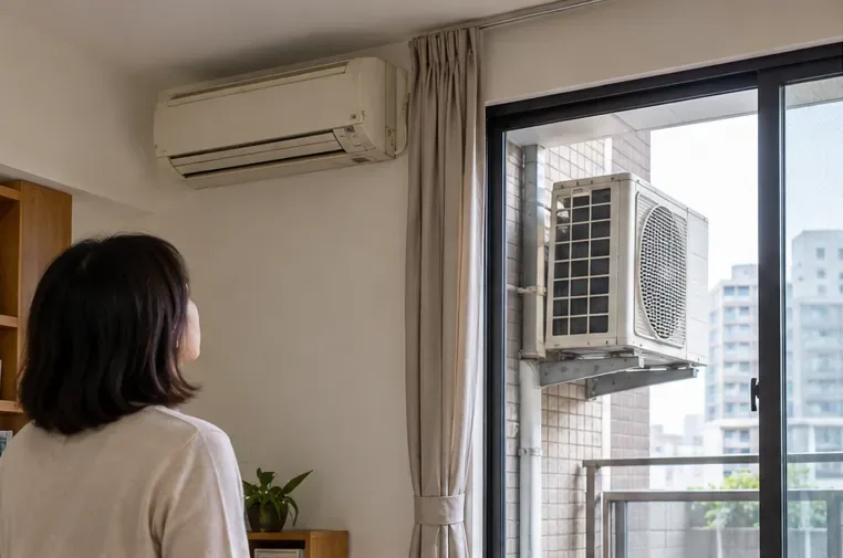 臺北住宅內一組老舊分離式冷氣，室內機與陽台外的室外機仍完整安裝