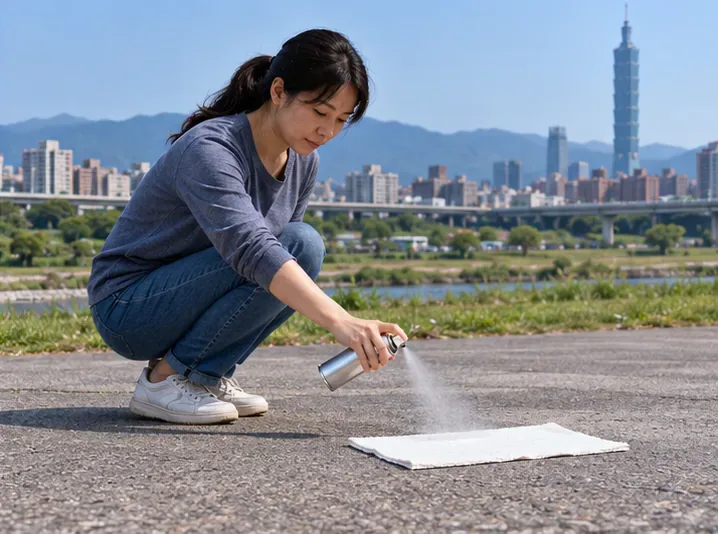 民眾在戶外空曠處將噴霧朝向吸附材排出，周圍沒有其他人或火源