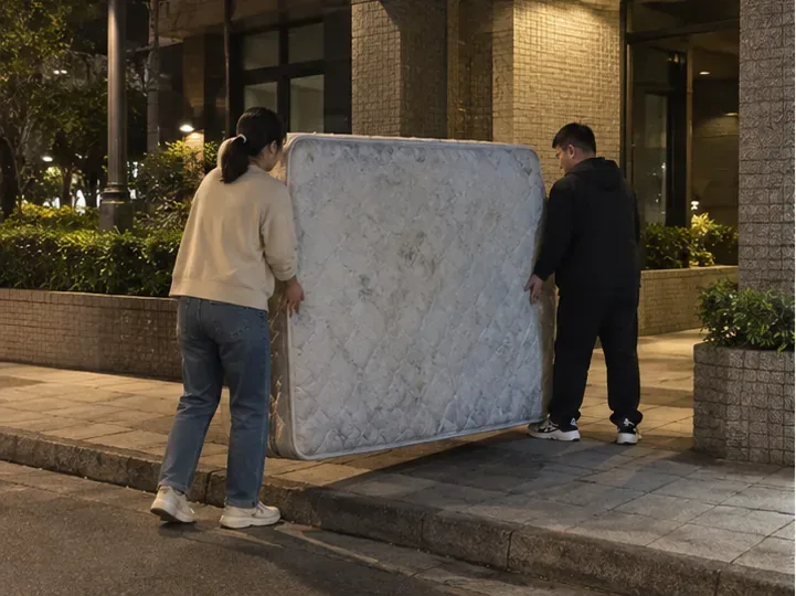 兩人於夜間把大型舊床墊搬到住宅外的約定放置位置