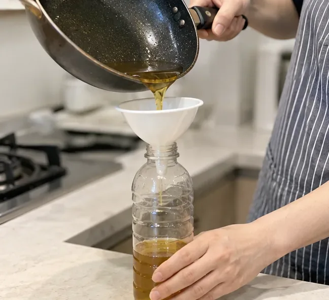 家中廚房把已冷卻的廢食用油經漏斗倒入透明塑膠瓶