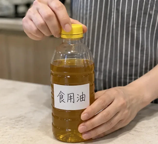 裝有廢食用油的透明塑膠瓶已旋緊黃色瓶蓋，瓶身貼有「食用油」標示