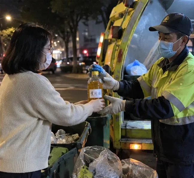 夜間街道旁，民眾把標示「食用油」的密封油瓶直接交給資源回收人員