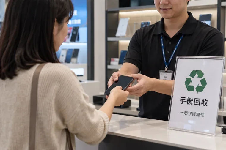 手機門市櫃台設有手機回收標示，消費者將舊手機交給店員