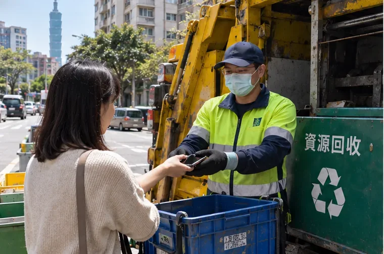 臺北街道上的資源回收車旁，市民把一支舊手機直接交給資源回收工作人員