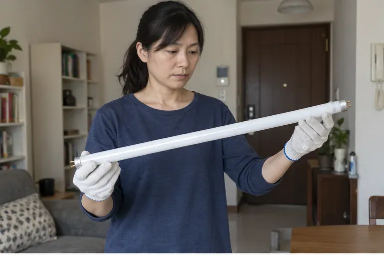 住家居民戴手套檢查完整的直管日光燈管，確認玻璃管與兩端燈帽沒有破裂