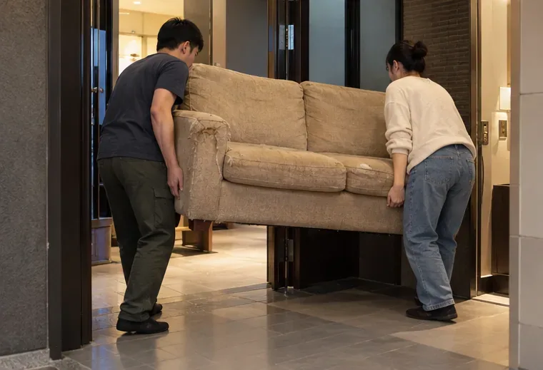 兩位住戶一起將舊布沙發搬出公寓門口