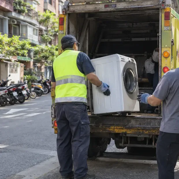 穿反光背心的清潔人員在臺北住宅街道旁將舊洗衣機交接到清運車