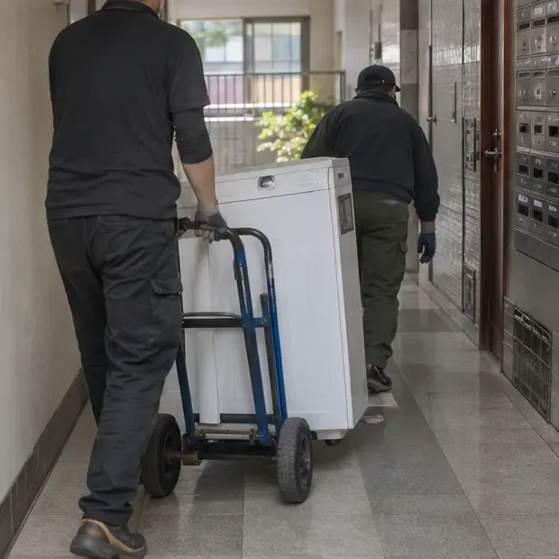 兩名搬運人員用家電手推車沿公寓走廊移動洗衣機